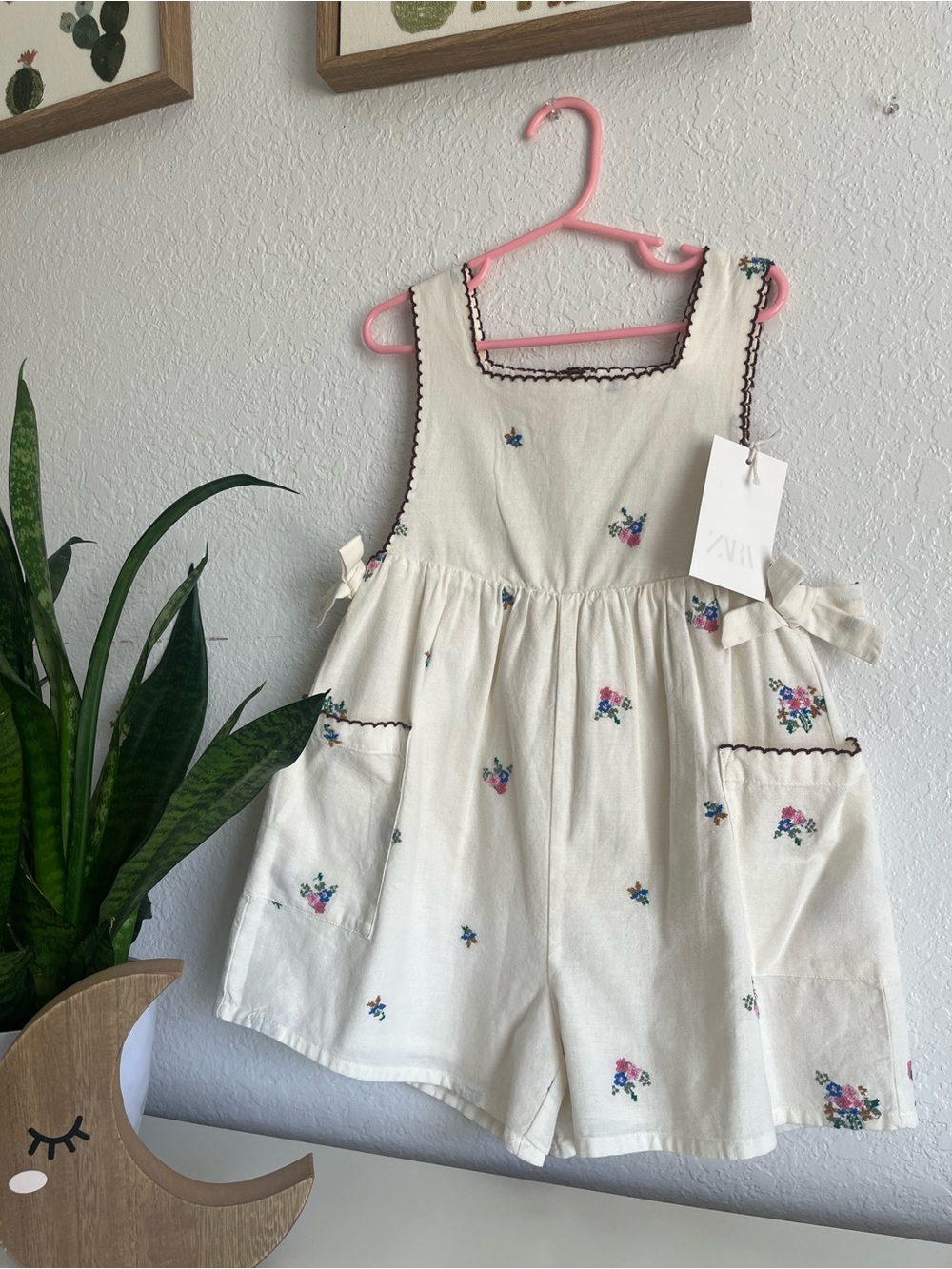 Zara Cream Floral Embroidered Romper with Side Bows